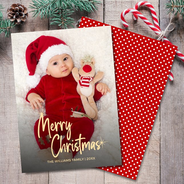 Merry Christmas Photo Personalised Script Holiday Card (Merry Christmas photo overlay personalized script holiday card with gold script calligraphy.)