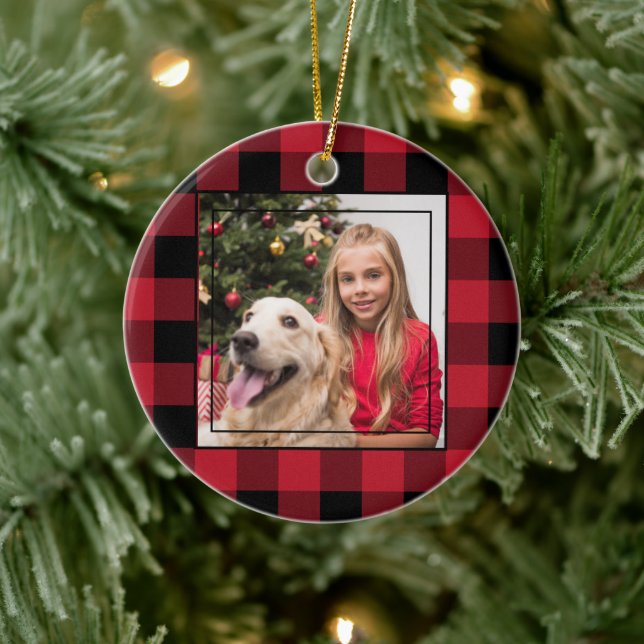 Merry Christmas Photo Red and Black Buffalo Plaid Ceramic Tree Decoration (Tree)