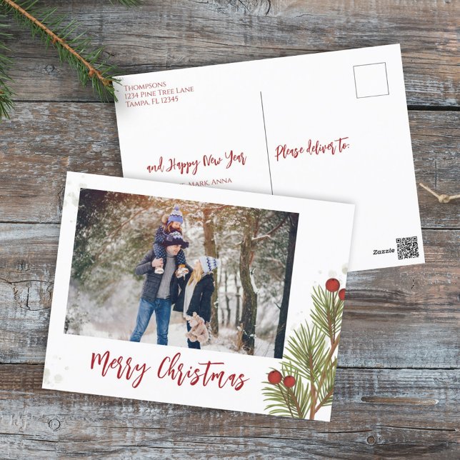 Merry Christmas Photo Red and Green Foliage Holiday Postcard (Creator Uploaded)
