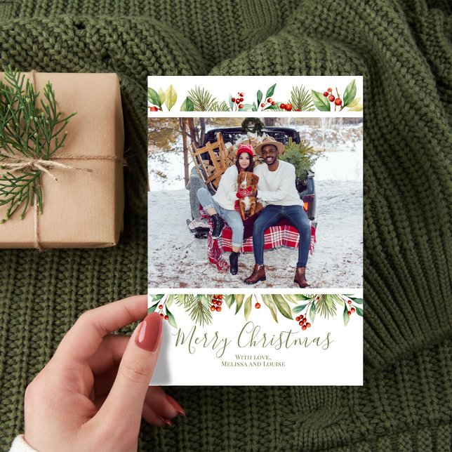 Merry Christmas Photo Red and Green Holly Greenery Holiday Card (Celebrate the Holidays in style with a watercolor greenery photo card.  )