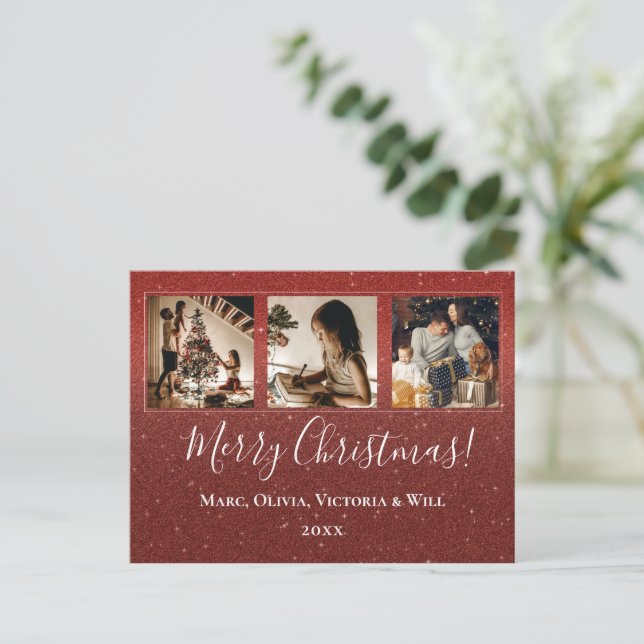 Merry Christmas Photo Red Glitter  Holiday Postcard (Standing Front)