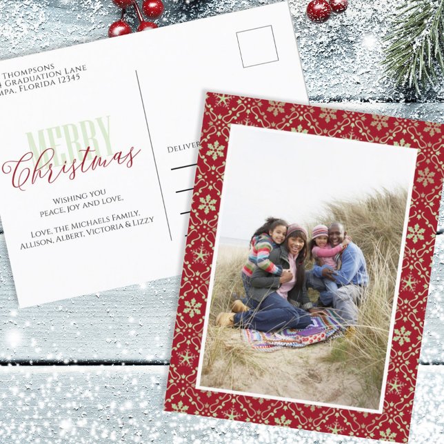 Merry Christmas Photo Red Green Pattern Elegant Holiday Postcard (Creator Uploaded)