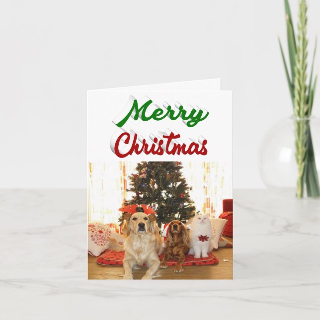 Merry Christmas photo red green script Holiday Card (Front)