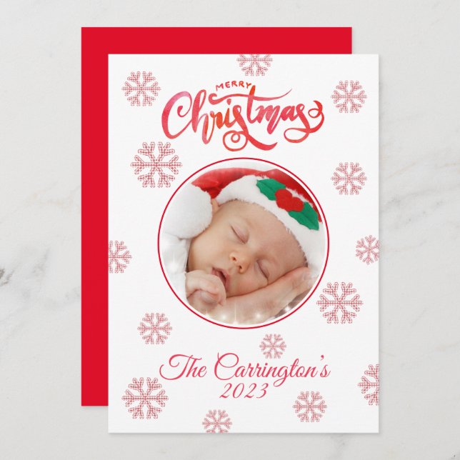 Merry Christmas Photo Red Plaid Snowflakes Holiday (Front/Back)