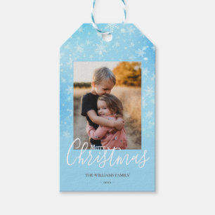 Merry Christmas Photo Simple Snowflakes Blue Gift Tags