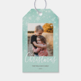 Merry Christmas Photo Simple Snowflakes Green  Gift Tags