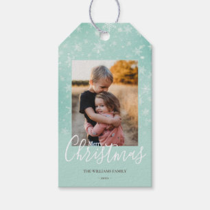 Merry Christmas Photo Simple Snowflakes Green  Gift Tags