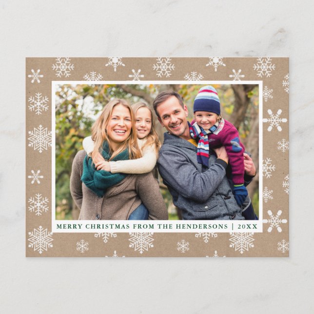 Merry Christmas Photo Snowflakes Kraft Postcard (Front)