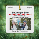 Merry Christmas Photo Typography Newsletter Ceramic Ornament<br><div class="desc">This design features a merry Christmas,  photo,  cute typography ornament,  with red and white candy cane stripes,  a newspaper newsletter design,  with a classic,  minimal minimalist,  modern clean simple style,  Matches the north pole times collection,  makes a unique and whimsical gift idea.</div>