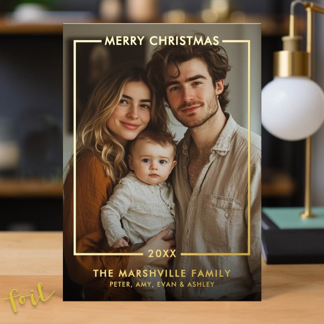 Merry Christmas Photo Vertical - Gold Border (Foil Stamped Custom Christmas Greeting Card)