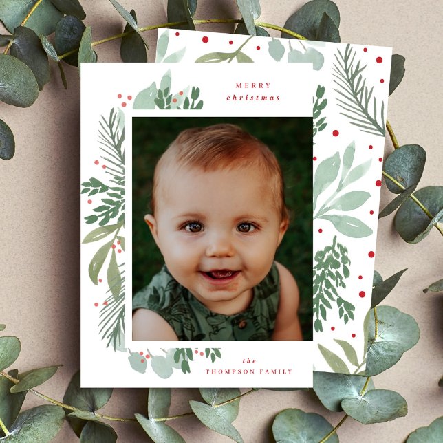 Merry Christmas Photo Watercolor Green Botanical Holiday Card (Creator Uploaded)
