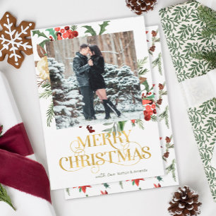 Merry Christmas Photo Watercolor Greenery Holiday Card