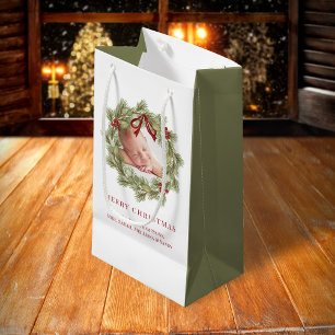 Merry Christmas Photo Watercolor Greenery Wreath Small Gift Bag