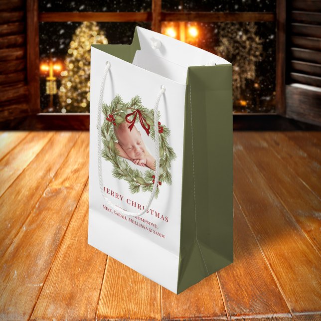 Merry Christmas Photo Watercolor Greenery Wreath  Small Gift Bag (Merry Christmas wreath photo greenery gift bag, )