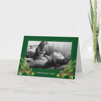 Merry Christmas | Photo Watercolor Holly & Pines Holiday Card