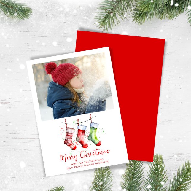 Merry Christmas Photo Watercolor Stockings Holiday Card (Merry Christmas whimsical photo card with watercolor stockings.)