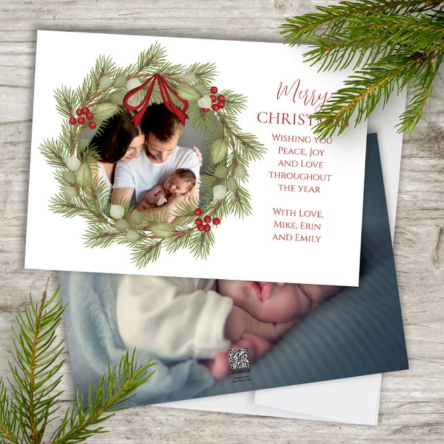 Merry Christmas Photo Wreath Greenery Holly Berry Holiday Card (Merry Christmas wreath watercolor greenery and foliage photo holiday card. )