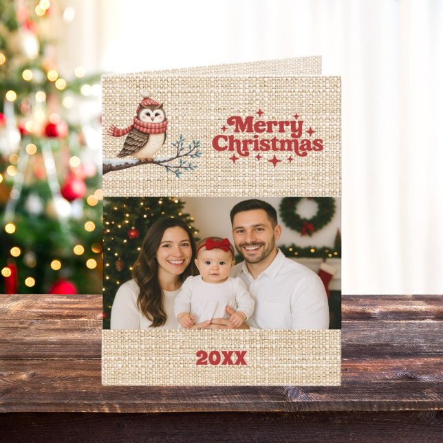 Merry Christmas photo year in review beige burlap Holiday Card (Creator Uploaded)
