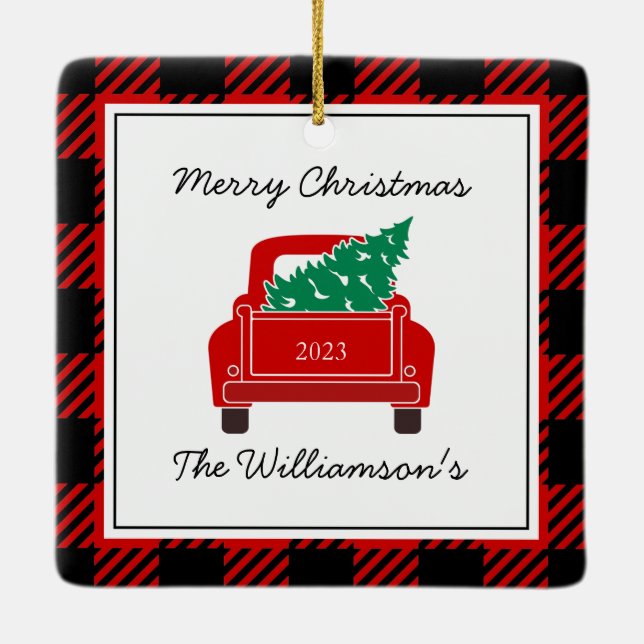 Merry Christmas Photo Year Name Red Truck Tree Ceramic Ornament (Back)