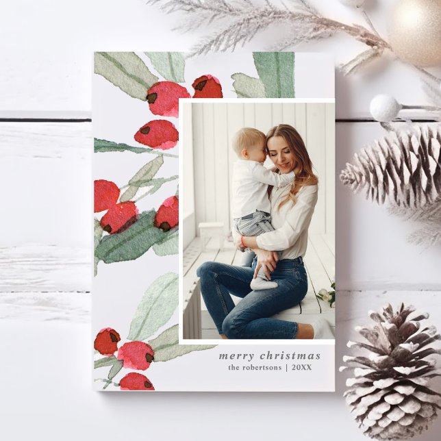 Merry Christmas Photos Watercolor Berries Holiday Card (Creator Uploaded)