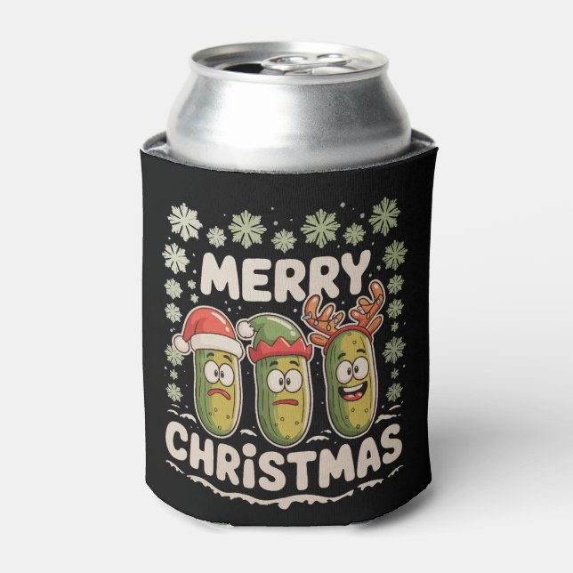 Merry Christmas Pickle Lover Xmas Lights Ugly Can Cooler (Can Front)