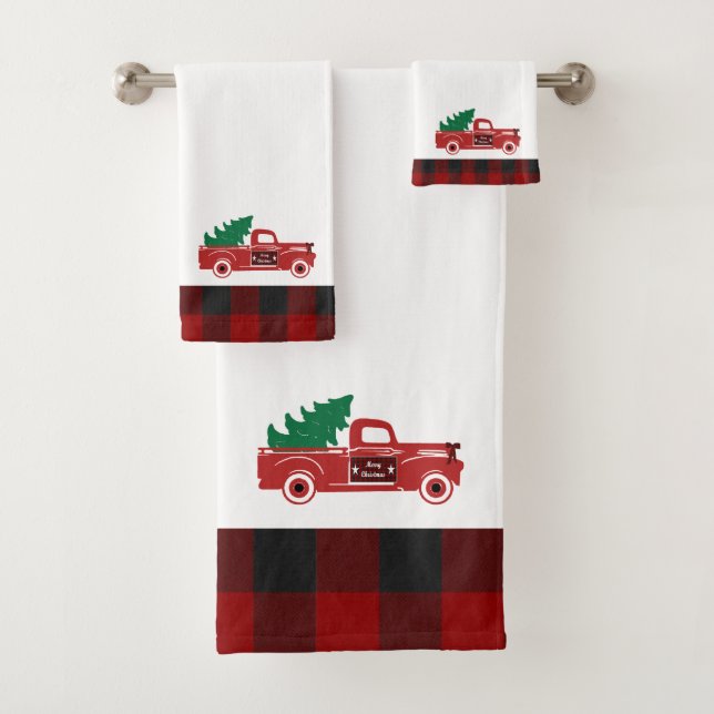 Merry Christmas pickup and tree Bath Towel Set (Insitu)