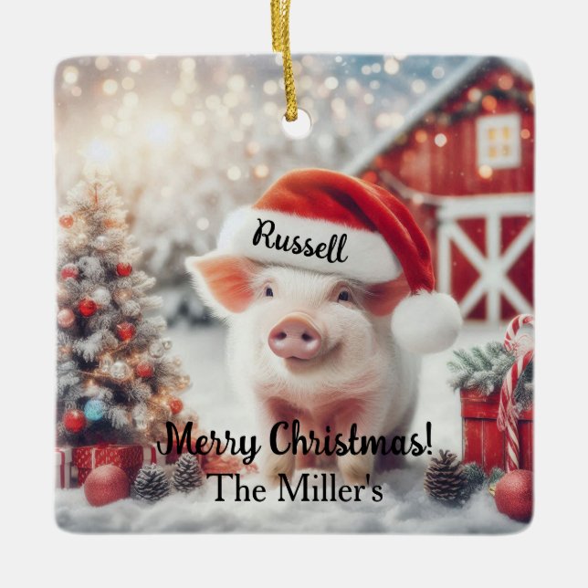 Merry Christmas Pig  Ceramic Ornament (Front)