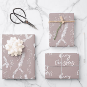Merry Christmas Pine Berries Pattern Blush Wrapping Paper Sheet
