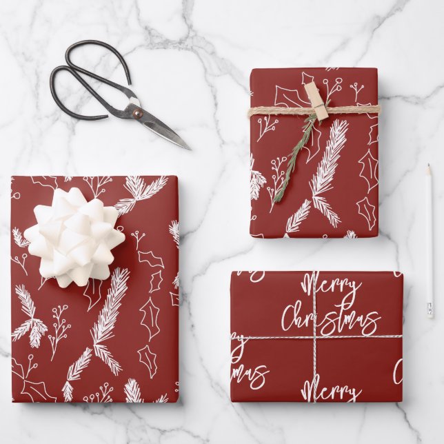 Merry Christmas Pine Berries Pattern Red Wrapping  Paper Sheet (Front)