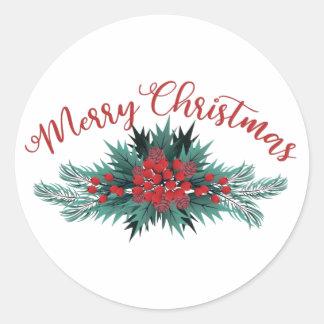Merry Christmas Pine Bough Holly Berry Poinsettia Classic Round Sticker