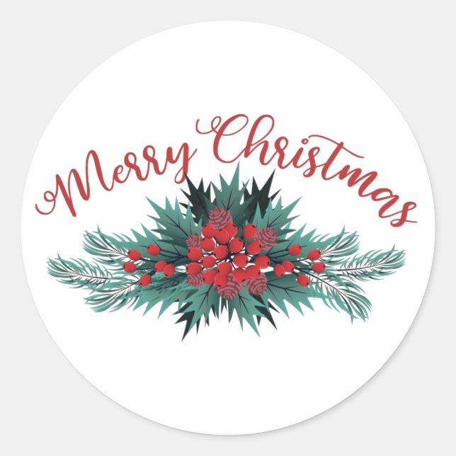 Merry Christmas Pine Bough Holly Berry Poinsettia Classic Round Sticker (Front)