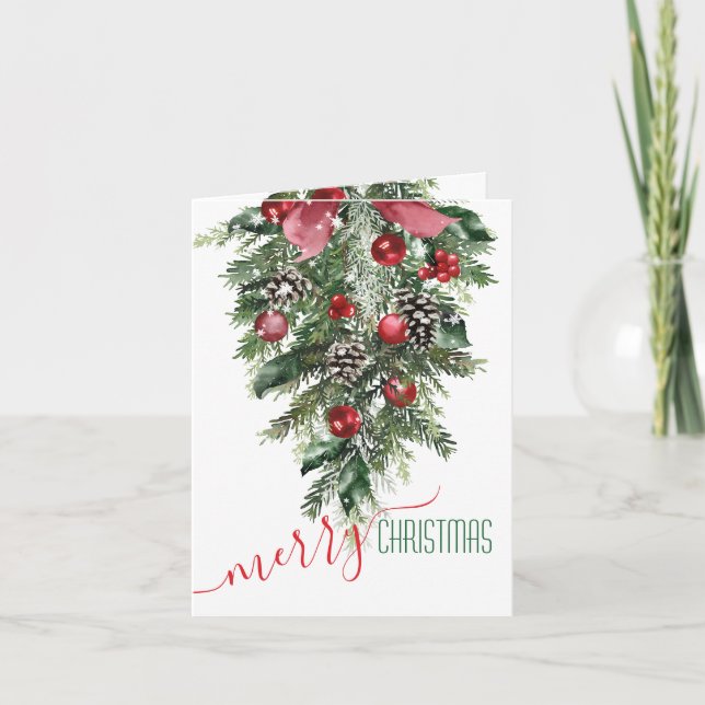 Merry Christmas Pine Bough Red Ornaments Cones  Holiday Card (Front)