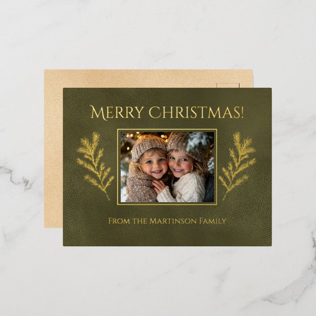 Merry Christmas Pine Branches Photo Green  Foil Holiday Postcard (Front/Back)