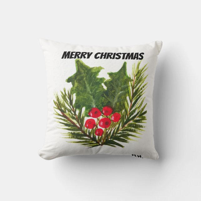 Merry Christmas Pine Holly Watercolor festive  Cushion (Front)