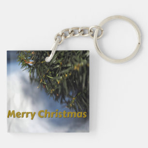 Merry Christmas Pine Tree and Snow Key Ring