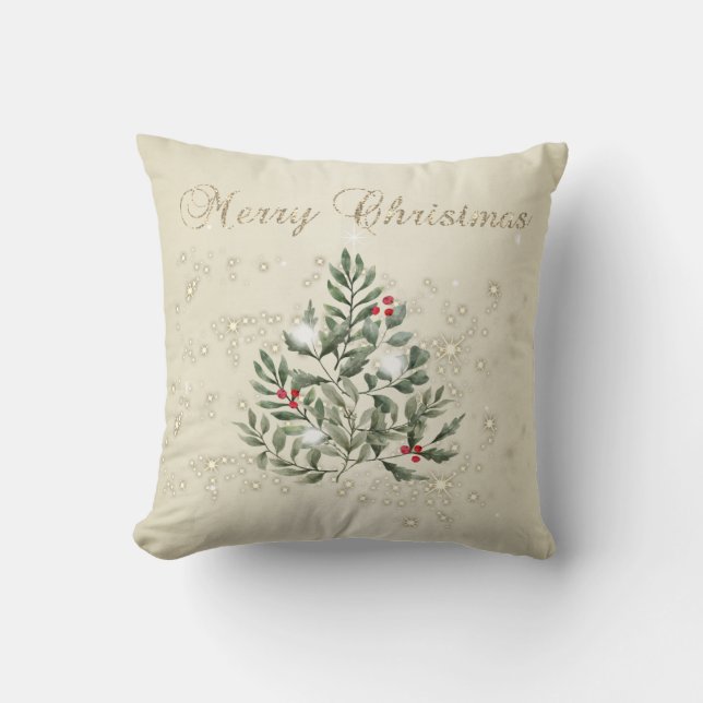 Merry Christmas,Pine Tree Branches Sparkles Cushion (Front)