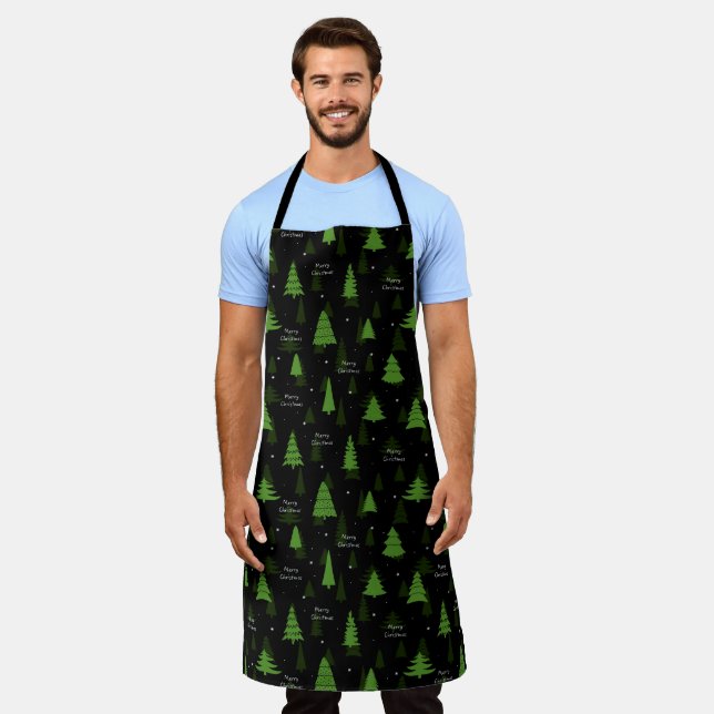 Merry Christmas Pine Tree Forest Black Xmas Apron (Worn)