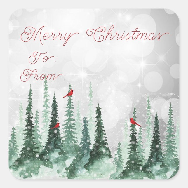 Merry Christmas Pine Tree Forest Cardinal Birds Square Sticker (Front)