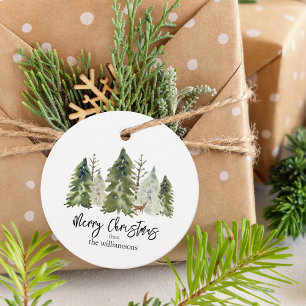 Merry Christmas Pine Tree Green Rustic Watercolor Favour Tags