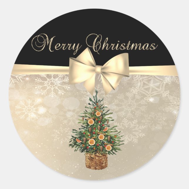 Merry Christmas,Pine Tree Orange, Snowflakes,  Bow Classic Round Sticker (Front)