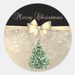 Merry Christmas,Pine Tree, Snowflakes,Gold Bow Classic Round Sticker