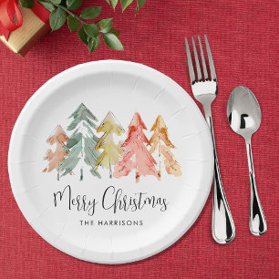Merry Christmas Pine Tree Watercolor Holiday Paper Plate