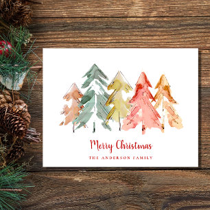 Merry Christmas Pine Trees Abstract Watercolor Holiday Postcard
