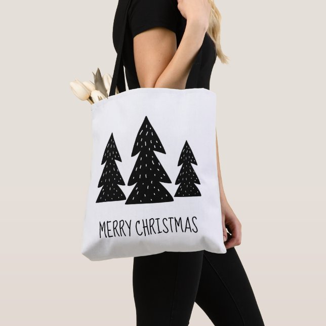 Merry Christmas Pine Trees Scandi Black White Tote Bag (Close Up)