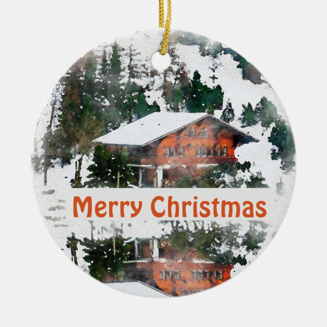 Merry Christmas Pine Trees Scenic Barn Winter Ceramic Tree Decoration (Front)