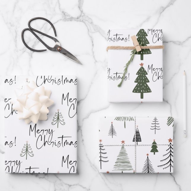 Merry Christmas Pine Trees Wrapping Paper Sheet (Front)
