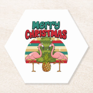Merry Christmas Pineapple Xmas Tree And Flamingos Paper Coaster
