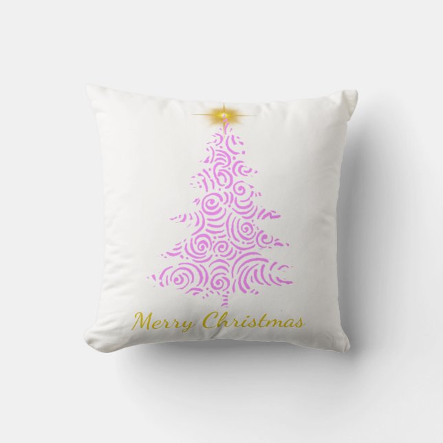 Merry Christmas, pink and gold tree with star Cushion (Front)