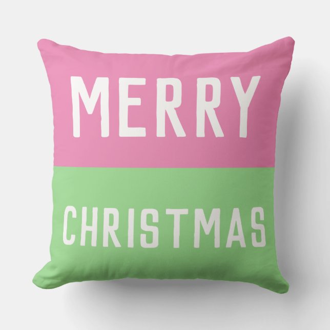 Merry Christmas Pink and Green Cushion (Front)