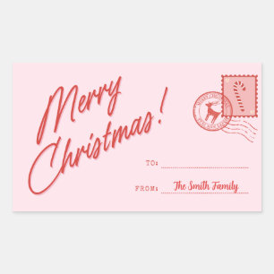 Merry Christmas Pink and Red Retro Customisable  Rectangular Sticker